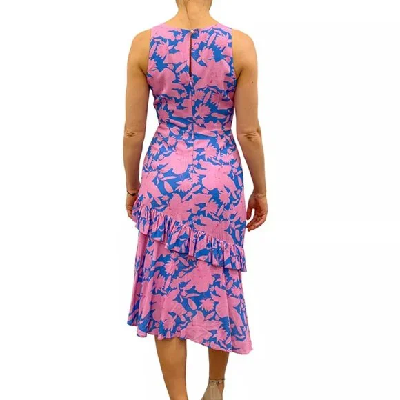 NWOT Sam Edelman Floral-Print Ruffled Keyhole-Back Asymmetrical-Hem Midi Dress - Picture 2 of 3